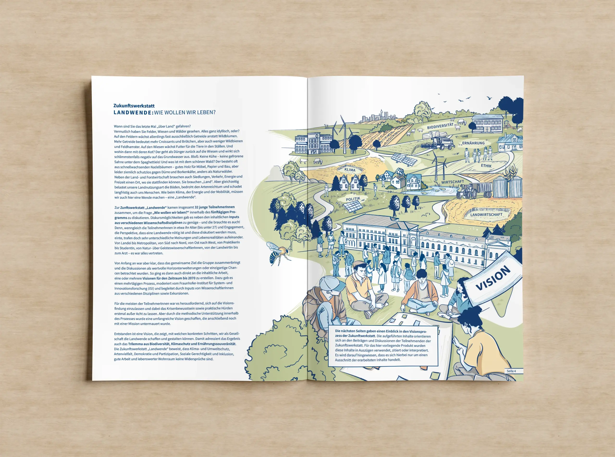 Graphic Novel zur Leopoldina-Zukunftswerkstatt Landwende: Illustration zum Spannungsfeld aus Biodiversität, Ernährung, Klima, Wirtschaft, Ethik und Politik