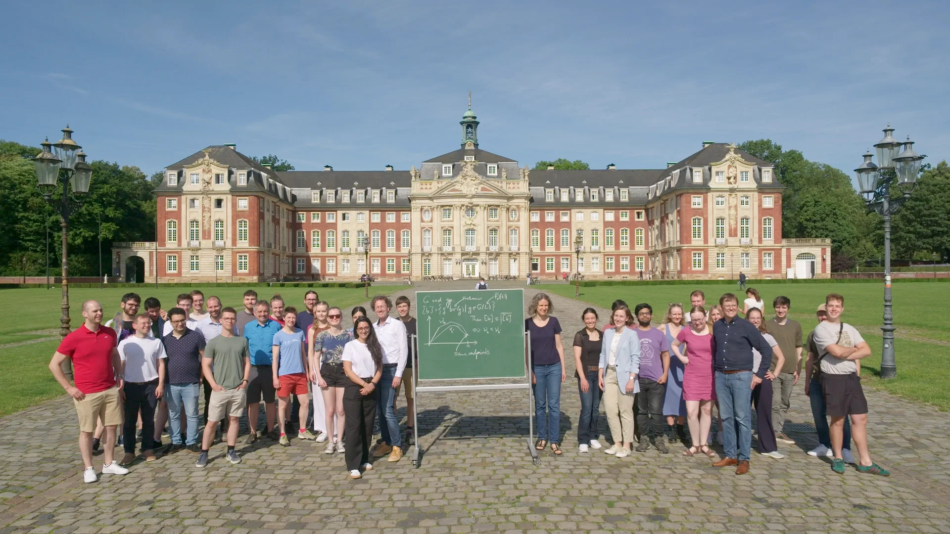 Gruppenfoto des Exzellenzclusters Mathematik Münster vor dem Hauptgebäude der Universität Münster mit grüner Tafel und handschriftlicher Mathematik
